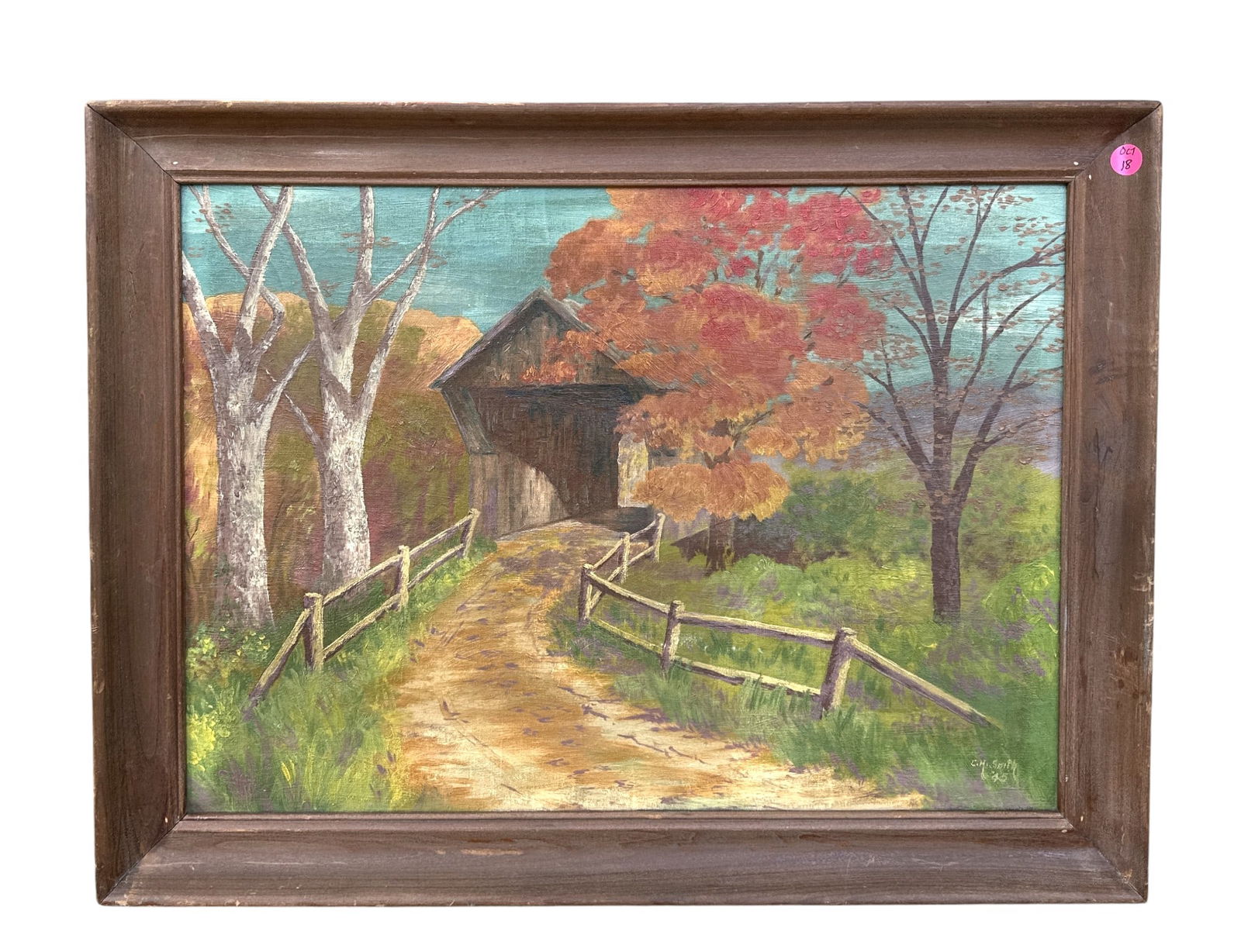 FALL COVERED BRIDGE 1945 OIL ON CANVAS SIGNED (1 of 4)