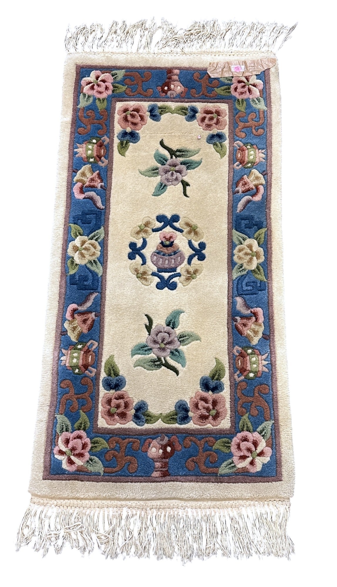 VINTAGE CHINESE TIENTSIN WOOL RUG: Vintage Chinese Tientsin Wool Rug. Soft wool, deep pile. Measures 24"x48", not including fringe. Weight 5 lbs.