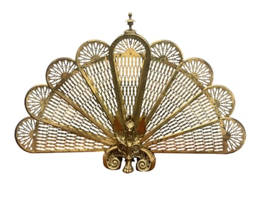 ANTIQUE BRASS GRIFFIN PEACOCK FOLDING FAN FIREPLACE SCREEN
