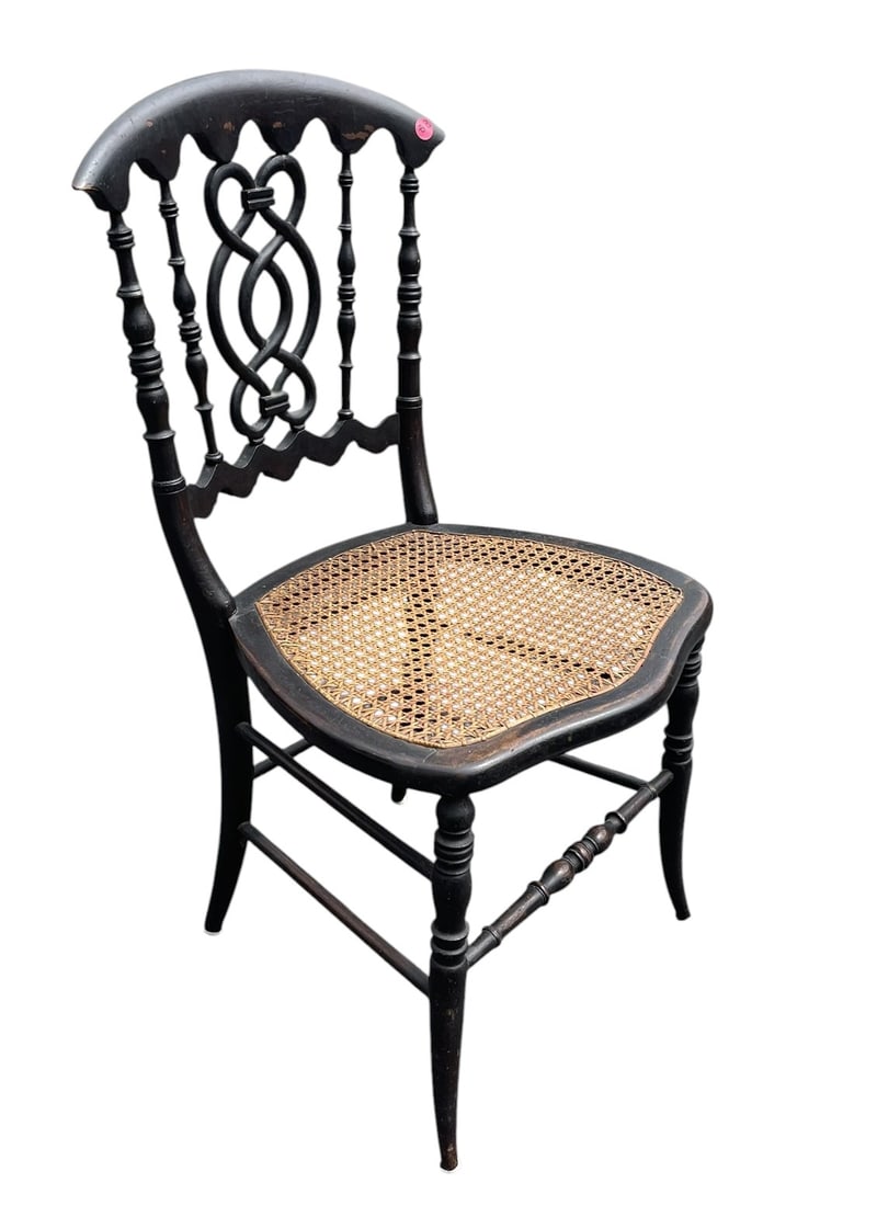 ANTIQUE ART NOUVEAU ERA CANE SEAT SIDE CHAIR: Antique Art Nouveau Ebonized Era Caned Seat Side Chair. Measures 17"x18"x33".