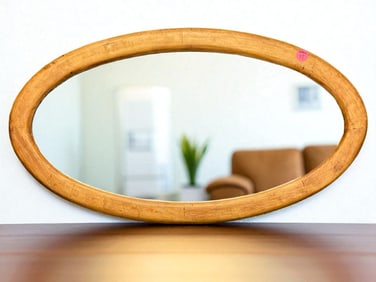 VINTAGE OVAL SOLID OAK FRAMED BEVELED WALL MIRROR