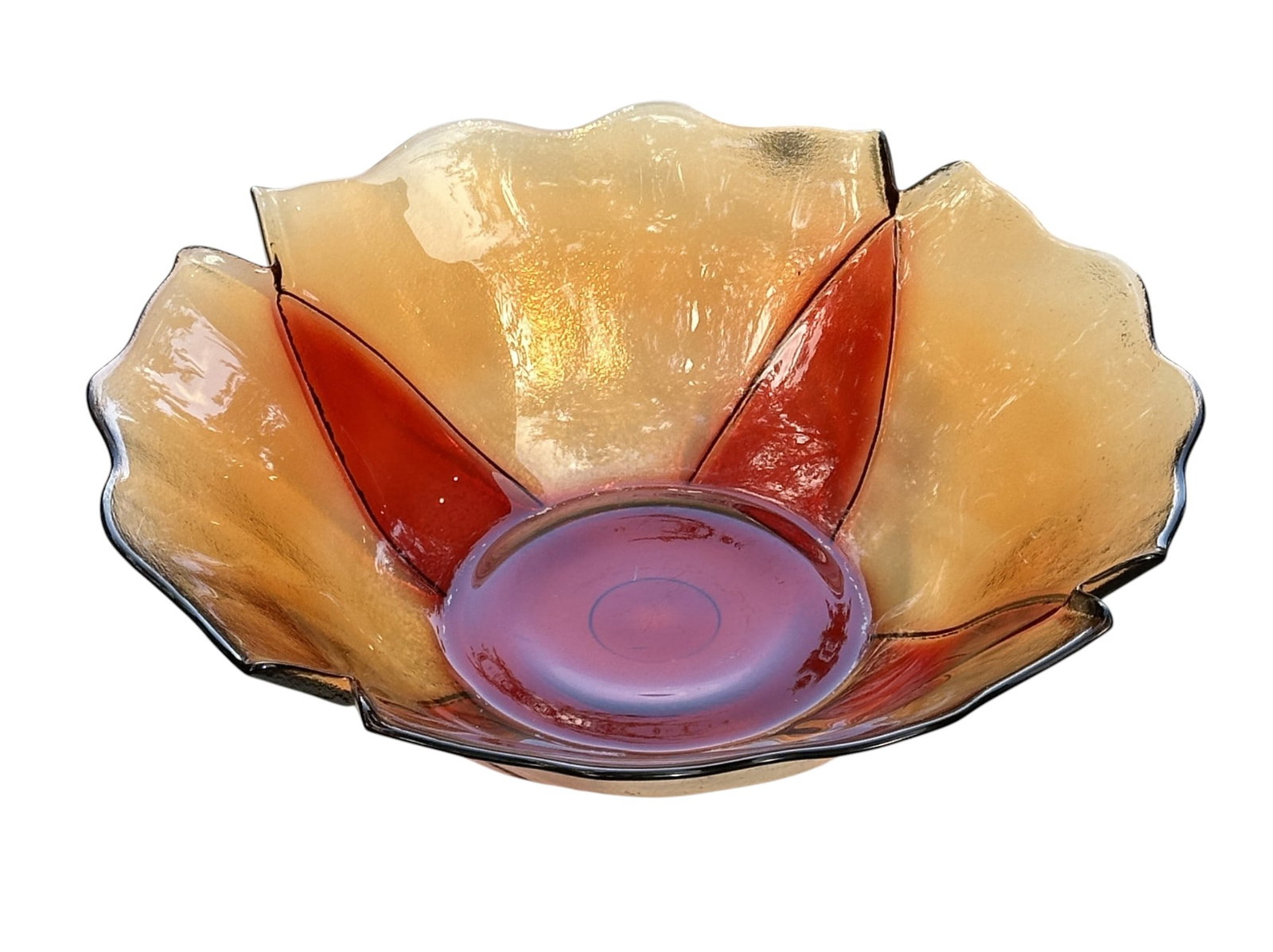 LARGE MID CENTURY AMBER GLASS LOTUS BOWL: Large Mid Century Amber Glass Lotus Bowl, measuring 19"x19"x5 1/2". Weight 11 lbs.