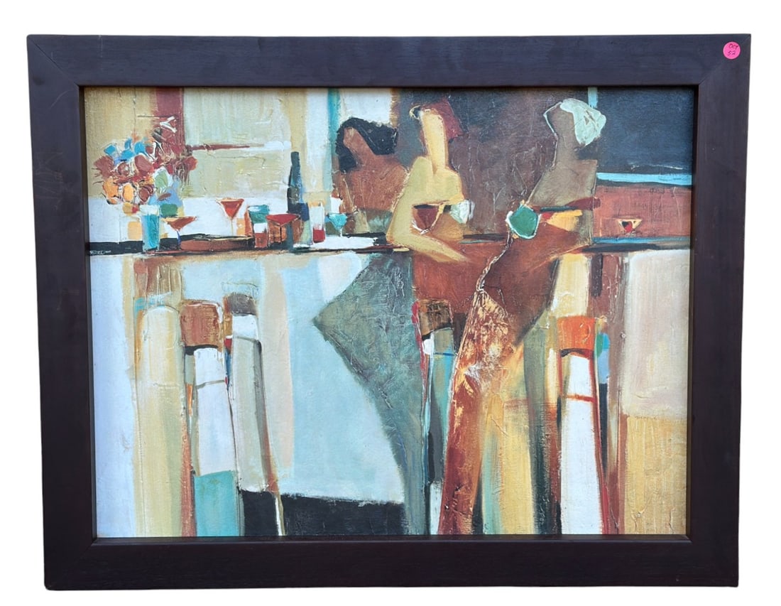 YURI TREMLER POOLSIDE GICLEE ON CANVAS: Contemporary Yuri Tremler (Ukrainian, b. 1961) Barside Giclee on Canvas. In black wood frame. In frame measures 33"x26 1/2"x2". Weight 8 lbs 6 oz.