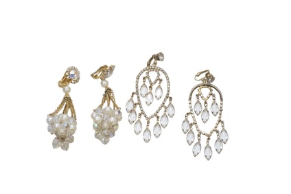 2 PAIR VINTAGE CHANDELIER CRYSTAL / PEARL / RHINESTONE EARRINGS