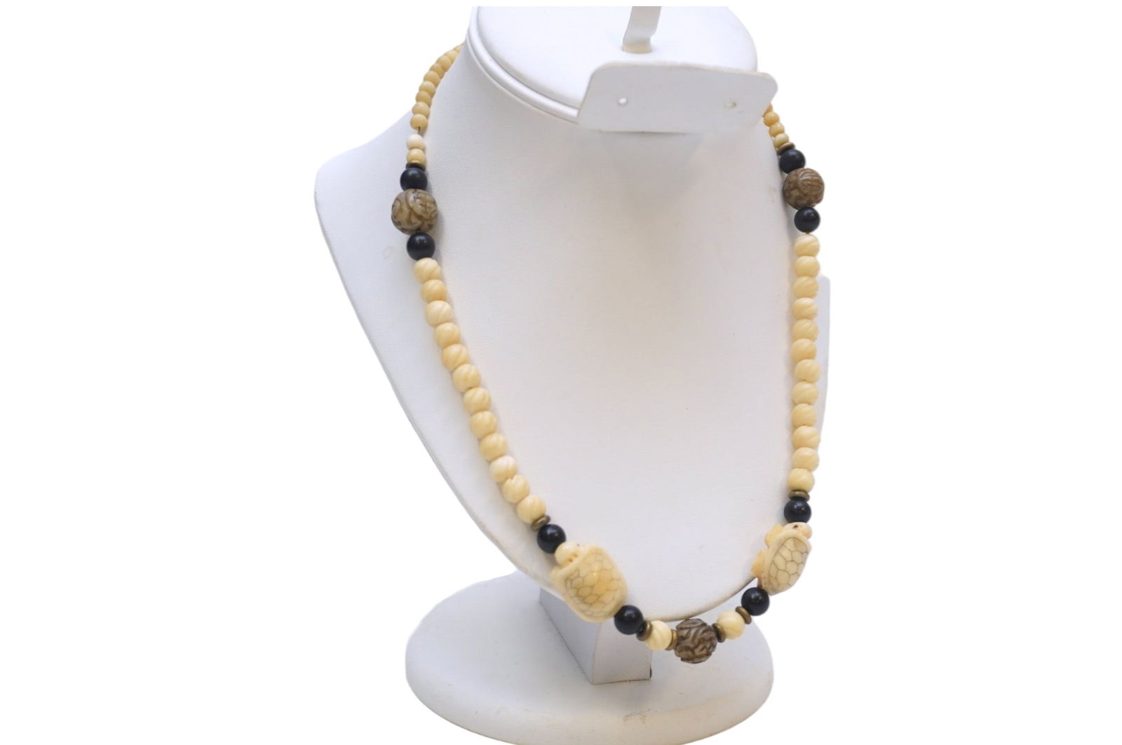 VINTAGE CARVED TURTLE & BEAD NECKLACE: Vintage Carved Bone Necklace featuring 2 very detailed carved turtles, carved bone beads and carved stone beads. Measures 20" opened. Weight 1.4 oz