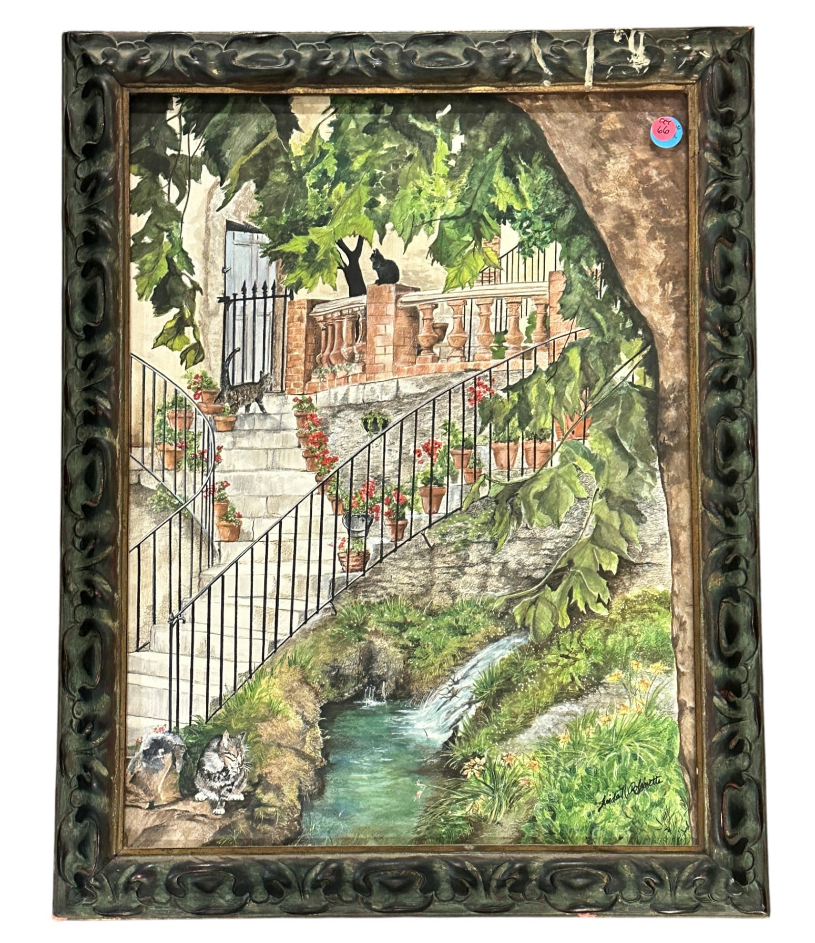 LINDA ROBINETTE WATERCOLOR WITH CATS: Linda Robinette Watercolor Stairs and Balcony with Cats. Professionally Framed. Measures 22"x28"x1 3/4". Weight 10 lbs