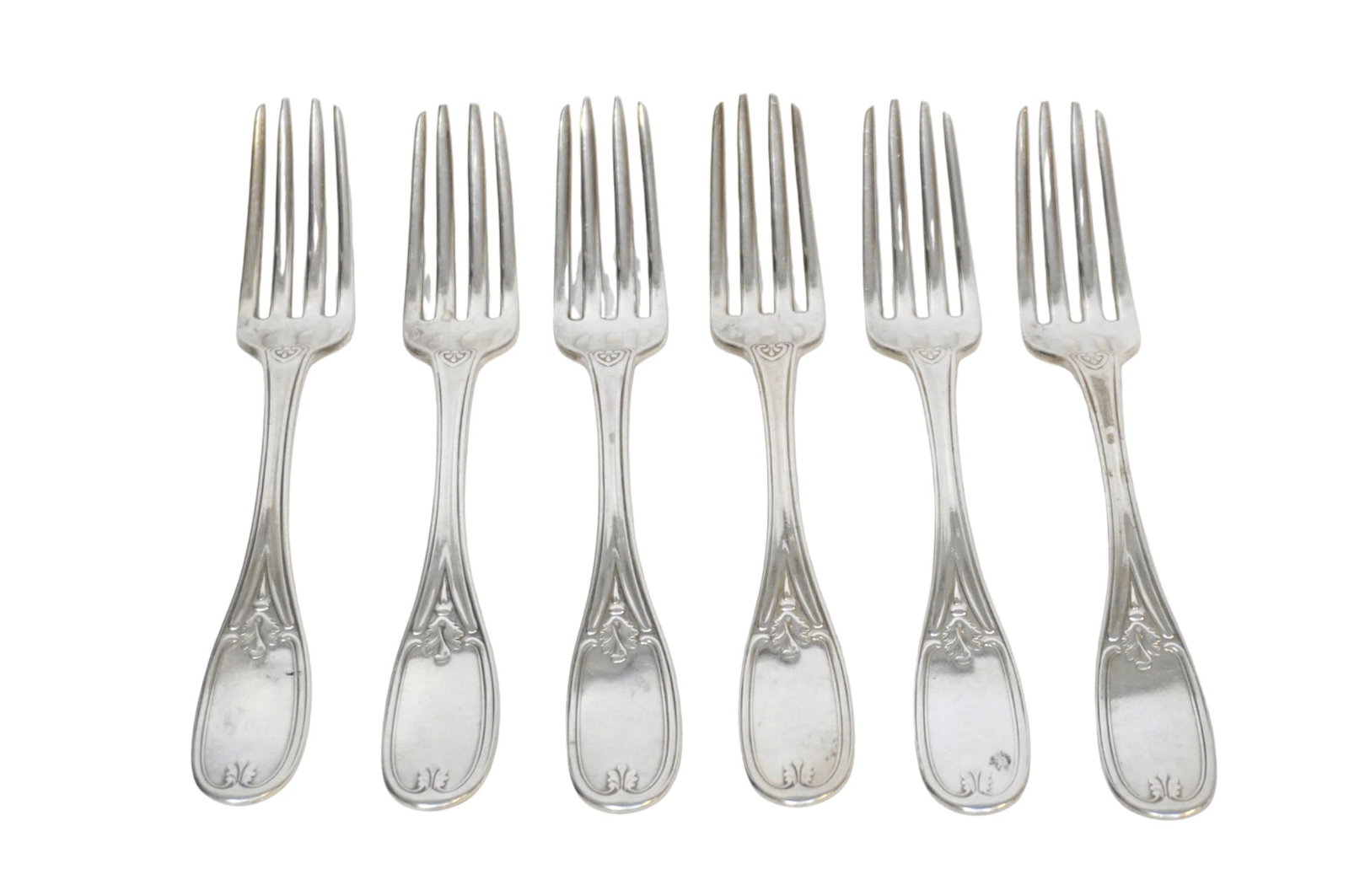 6 CHARLESTON SC COIN SILVER FORKS c 1856: Six (6) Charleston South Carolina Coin Silver Forks c. 1856. Made by Hayden & Whilden (Charleston, South Carolina active 1855-1863) who were located at 250 King Street . Each 6 3/4". Approximate silve