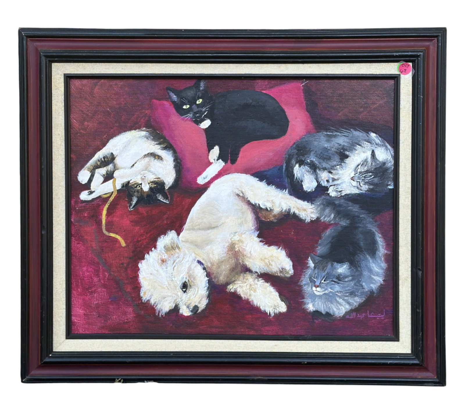 ORIGINAL PAINTING "AMONG FRIENDS" ON CANVAS: Vintage Acrylic on Canvas Painting of titled "Among Friends" by Judith "Torrie" Blumenheim. In frame 25.5"x22"x1". Weight 3 Lbs. 7 oz