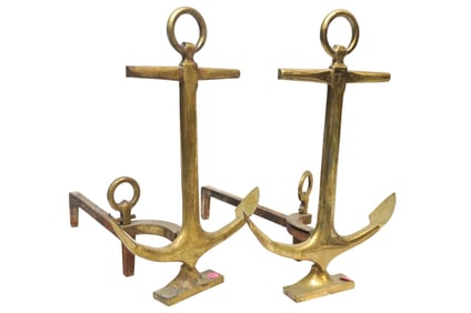 PAIR OF ROSTAND BRASS MID CENTURY ANCHOR ANDIRONS