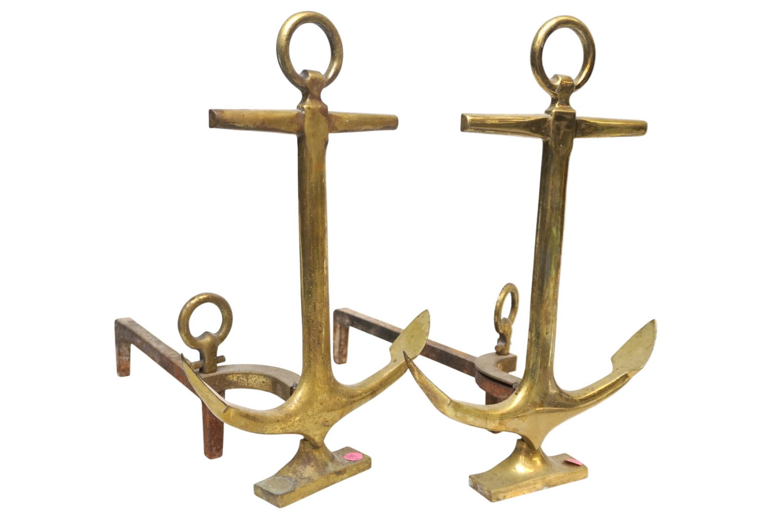 PAIR OF ROSTAND BRASS MID CENTURY ANCHOR ANDIRONS: Decorative pair of Rostand brass anchor andirons. Rostand Manufacturing Company was known for producing decorative nautical themed metalware popular during the mid-20th century. Each Measure Approxima
