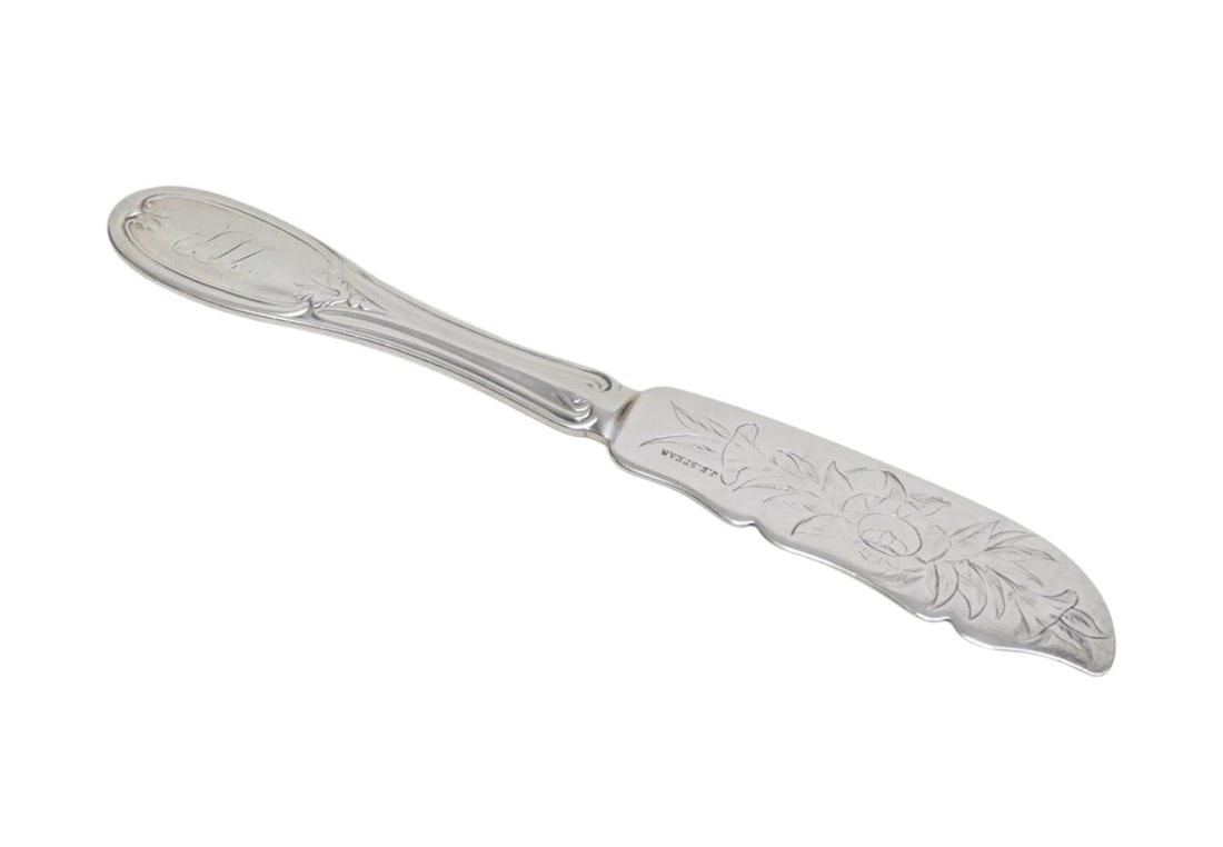CHARLESTON COIN SILVER ORNATE MASTER BUTTER KNIFE: Charleston Coin Silver Ornate and Rare Master Butter Knife made by Jame Emmons Spear (Charleston, South Carolina 1787-1863) who was located at 235 King Street. Monogrammed. 6 3/4". Approximate silver 
