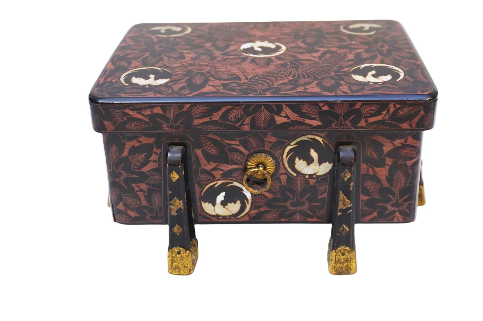 ANTIQUE JAPANESE MINIATURE SUTRAS HOLDER: Antique Japanese lacquered casket, in miniature shape of an ancient sutras holder, japanned with the art esoteric to Nara, vermillion layer finished with brown coating and engraved design showing the
