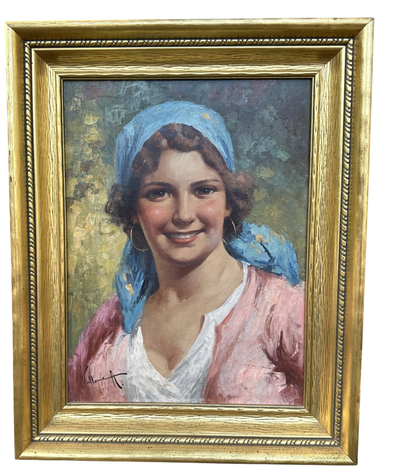 ANTONIO VALLONE (Italian 20th c) OIL PORTRAIT OF A GIRL: Antonio Vallone (Italian, 20th C), Portrait of a Girl, Oil on Canvas, signed lower left, portrait of a smiling woman in pink with a blue headscarf, in a giltwood frame. Frame size: 20 1/2 in. x 16 1/2