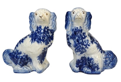 2 LARGE BLUE & WHITE STAFFORDSHIRE SPANIELS