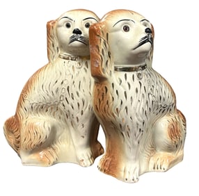 2 LARGE GLASS EYES STAFFORDSHIRE SPANIELS