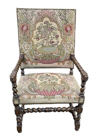 ANTIQUE ENGLISH OAK BARLEY TWIST TAPESTRY CHAIR