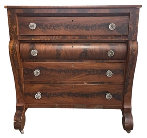 ANTIQUE AMERICAN EMPIRE FLAME MAHOGANY CHEST OF DRAWERS