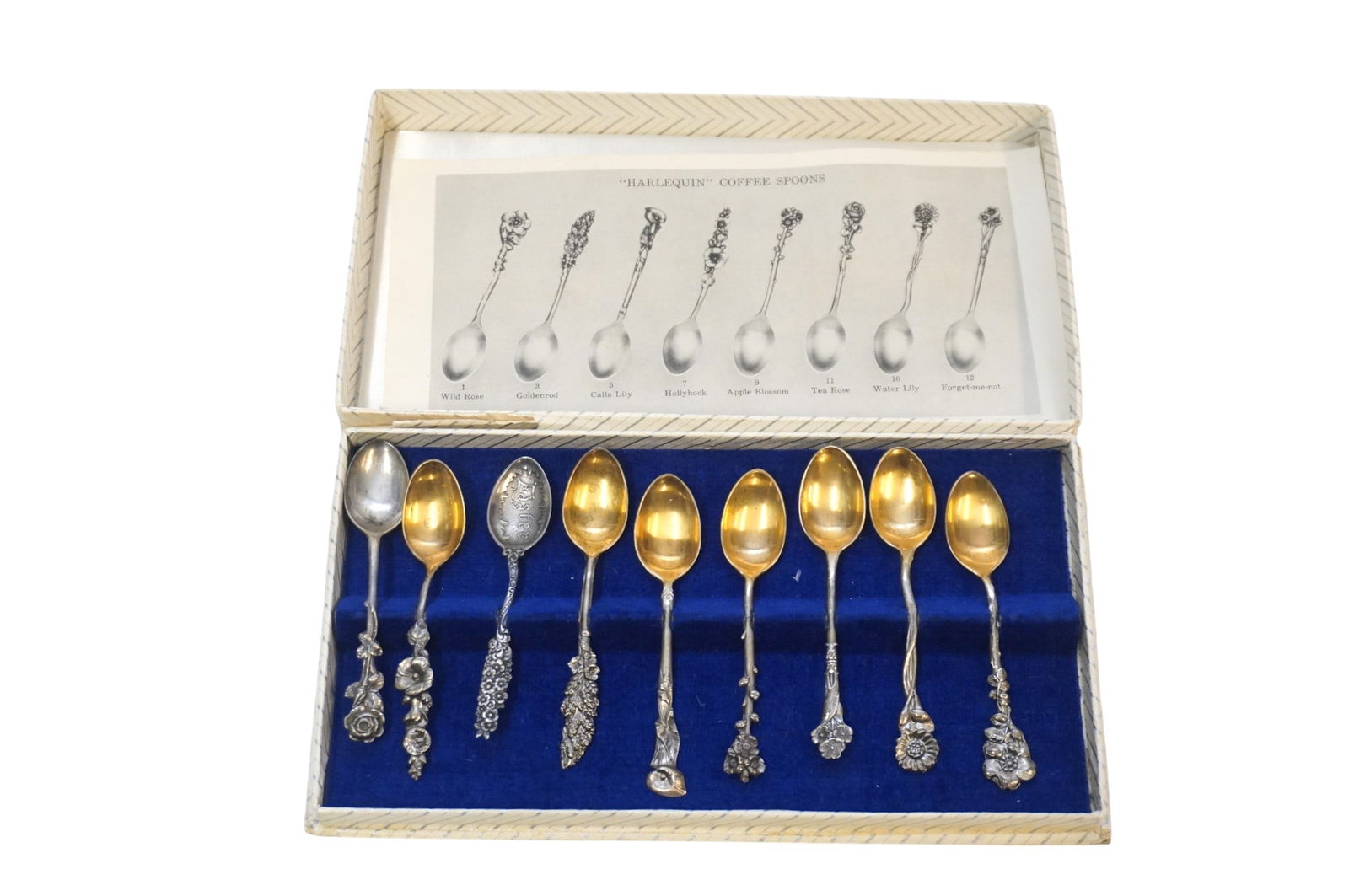 9 VINTAGE STERLING SILVER REED & BARTON DEMITASSE SPOONS: 8 Vintage Sterling Silver Reed & Barton "Harlequin" Demitasse Coffee Spoons in the Original Box. In addition there is a Antique Sterling Easter Demitasse Spoon. Approximate silver weight 90 grams Box