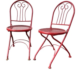 PAIR OF VINTAGE WROUGHT IRON FOLDING BISTRO GARDEN CHAIRS