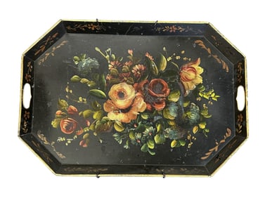 LARGE HAND PAINTED FLORAL TOLE TRAY