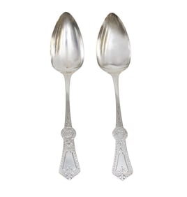 2 ORNATE J. SANDERS COIN SILVER SERVING SPOONS