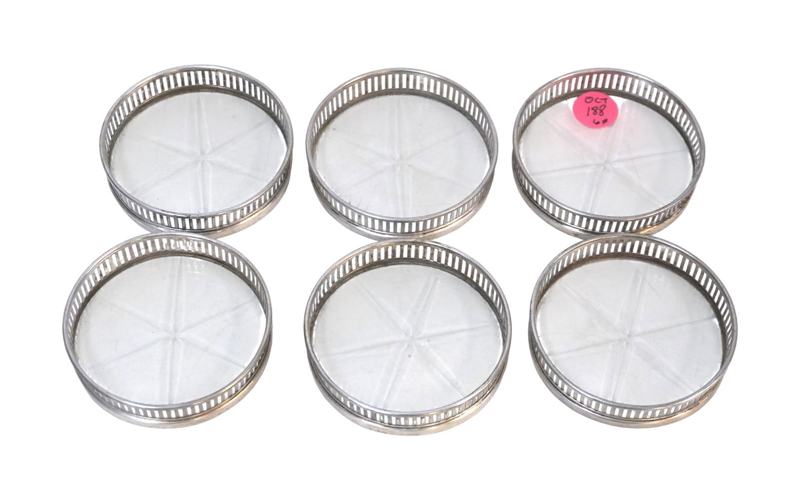 6 STERLING RIM GLASS COASTERS: Six (6) Sterling Rimmed Glass Coasters. Each 3". Weight on all 12 oz