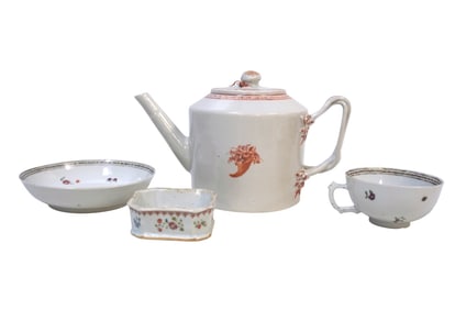 4 PC ANTIQUE CHINESE EXPORT CANTON TEAPOT +