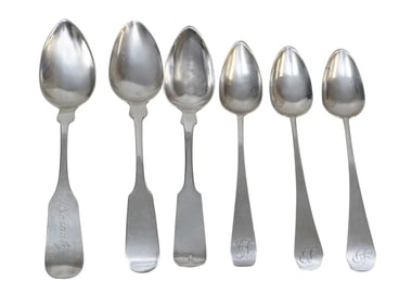 6 ANTIQUE COIN SILVER TEASPOONS