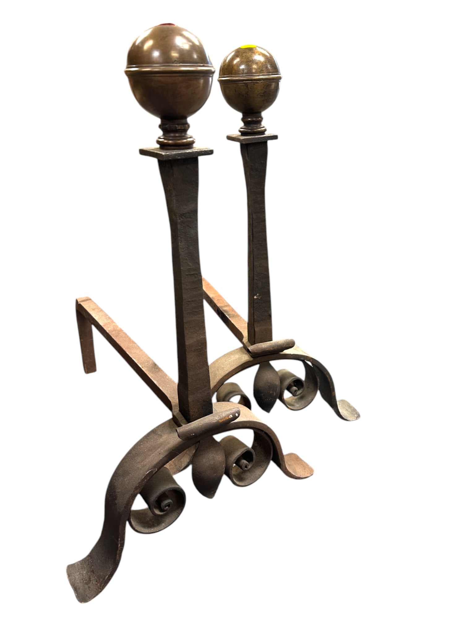 ANTIQUE WROUGHT IRON & BRASS ANDIRONS: Pair of Antique Wrought Iron and Brass Andirons. Each 20"x12"x22", Weight 28 lbs.