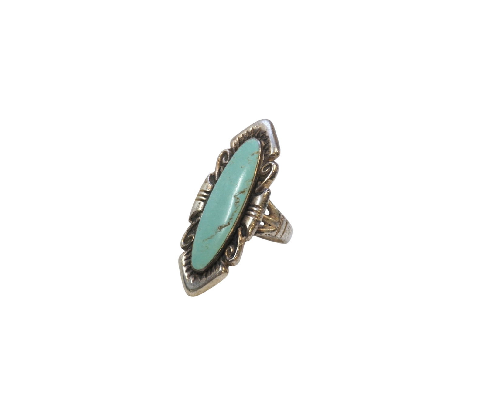 NATIVE STERLING SILVER AND TURQUOISE RING: Native Sterling Silver and Turquoise Ring, Size 7.5. Measures 1.5" and weighs 0.3 oz.