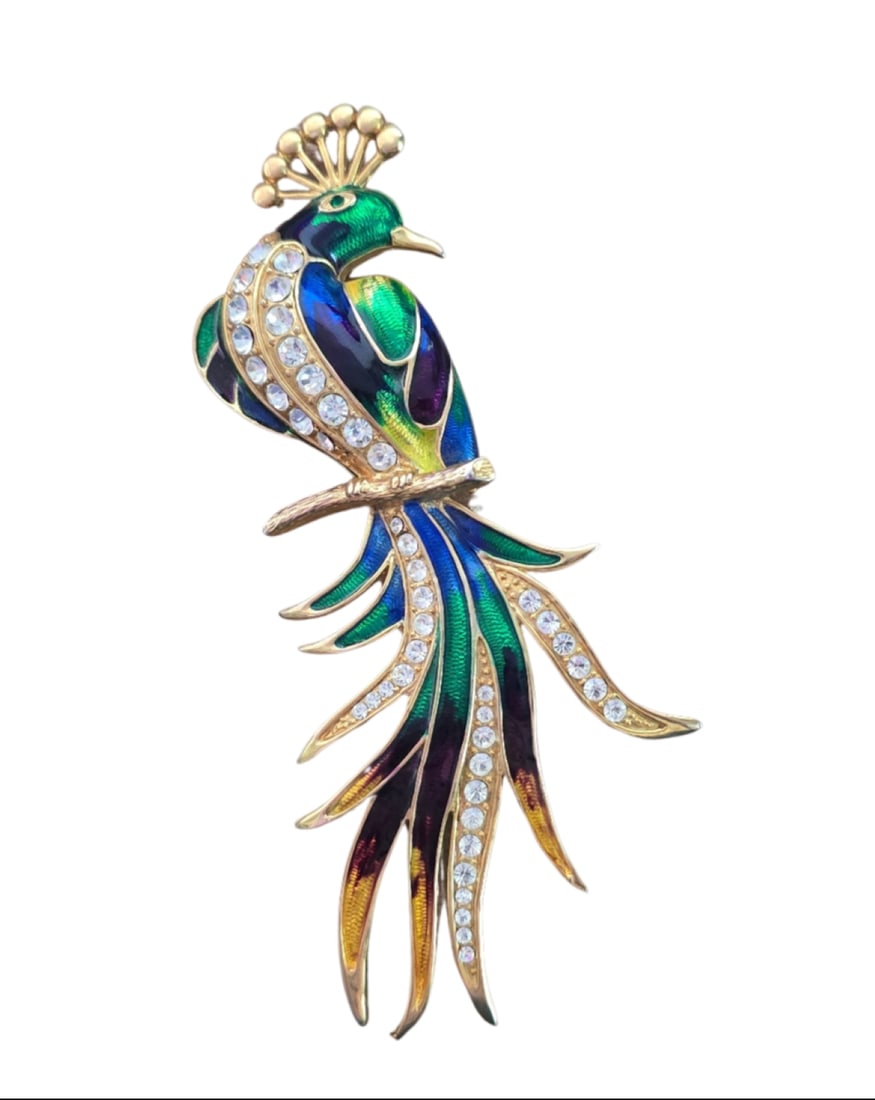 LARGE ENAMEL AND RHINESTONE VINTAGE PEACOCK BROOCH (1 of 2)
