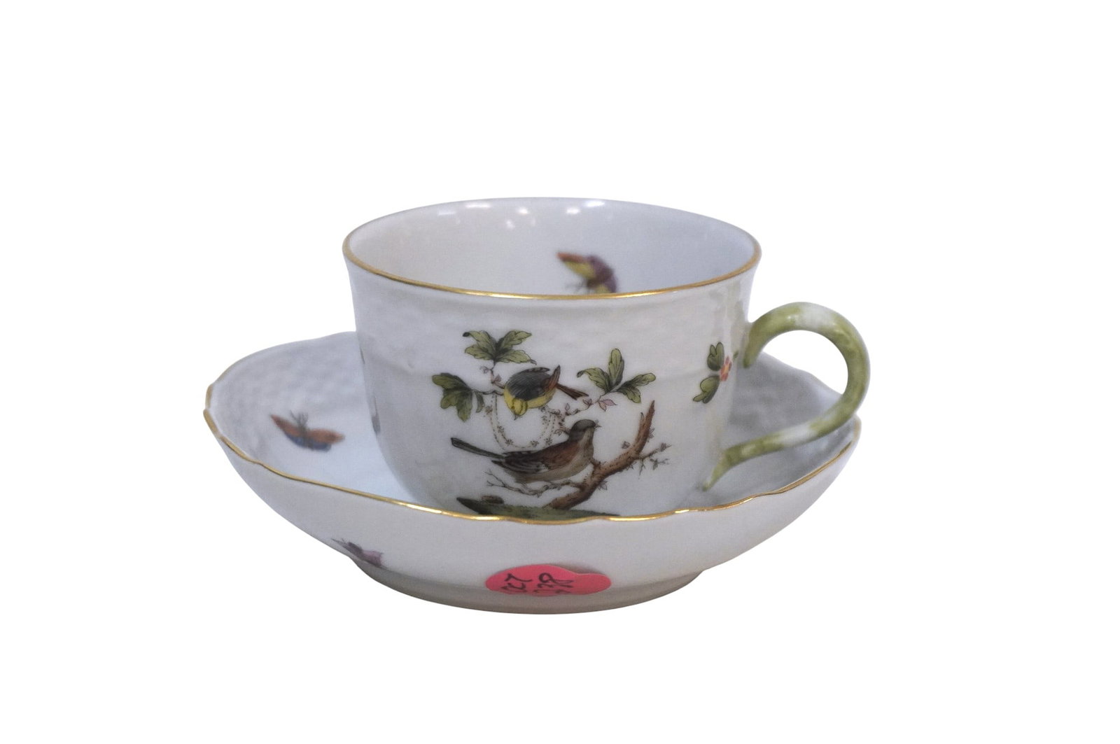 HEREND ROTHSCHILD BIRD TEACUP AND SAUCER: Herend Rothschild Bird Teacup and Saucer. Measures 4.25:x2.5". Weight 4.6 oz