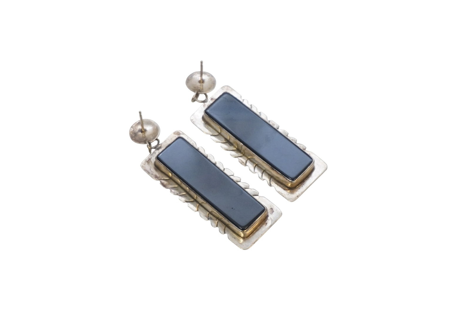 STERLING SILVER AND ONYX EARRINGS: Sterling Silver and Onyx Earrings. Each measures about 2.25" and weighs 0.7 oz.