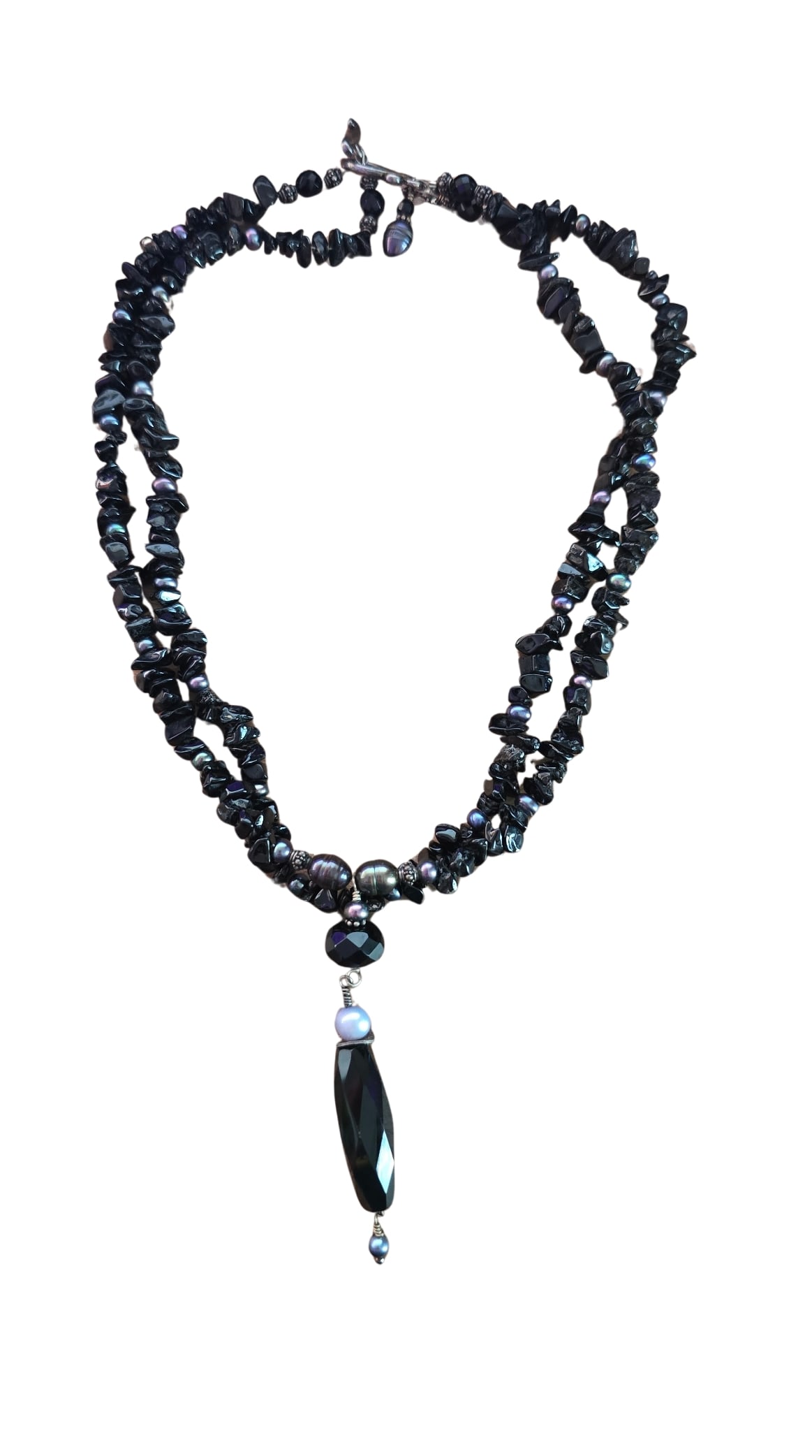 ONYX AND PEARL HANDMADE DOUBLE STRAND NECKLACE: Handmade Onyx and Pearl Double Strand Necklace. Measures 15" and weighs 1 oz.