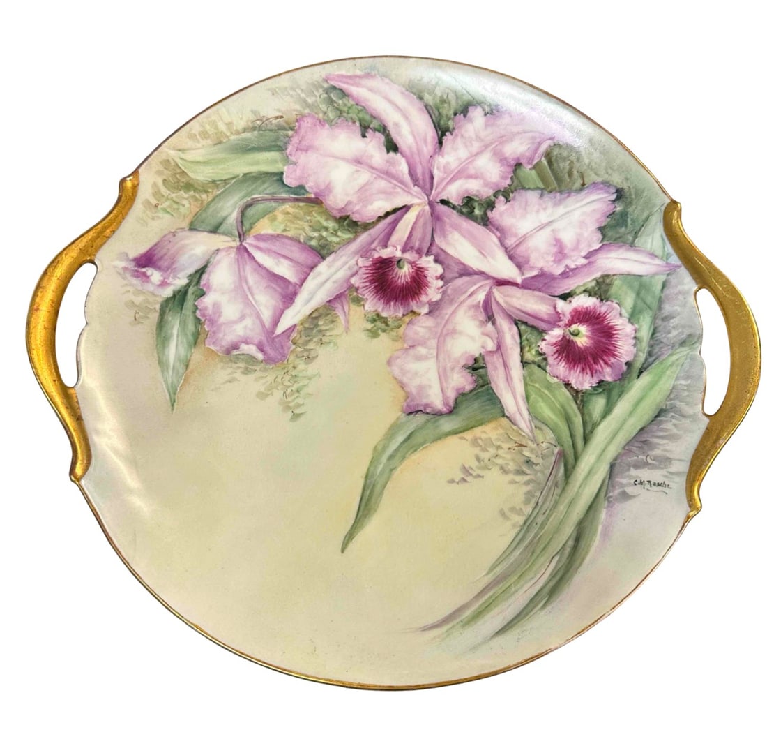 ANTIQUE T&V LIMOGES FRANCE HAND PAINTED PORCELAIN PLATE ARTIST SIGNED: Beautiful Antique Tressemann & Vogt Limoges France Hand Painted Floral and Gold Porcelain Platter/ Plate with Handles . Marked T&V Limoges on reverse, Artist Signed "S.M Rasche". Measures approximatel