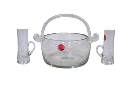 ETCHED HAND BLOWN GLASS BOWL AND GLASSES