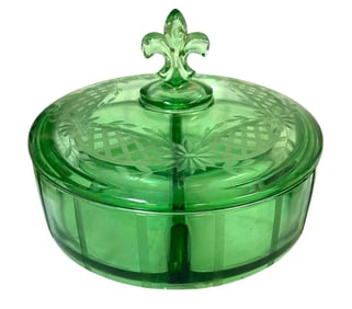 FOSTORIA ROYAL GREEN URANIUM 3 PART GLASS CANDY DISH