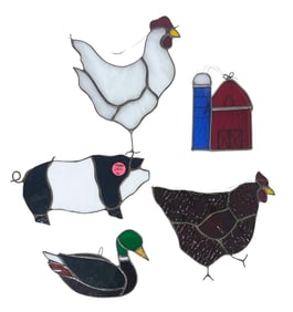 5 VINTAGE STAINED GLASS FARM MOTIF SUNCATCHERS