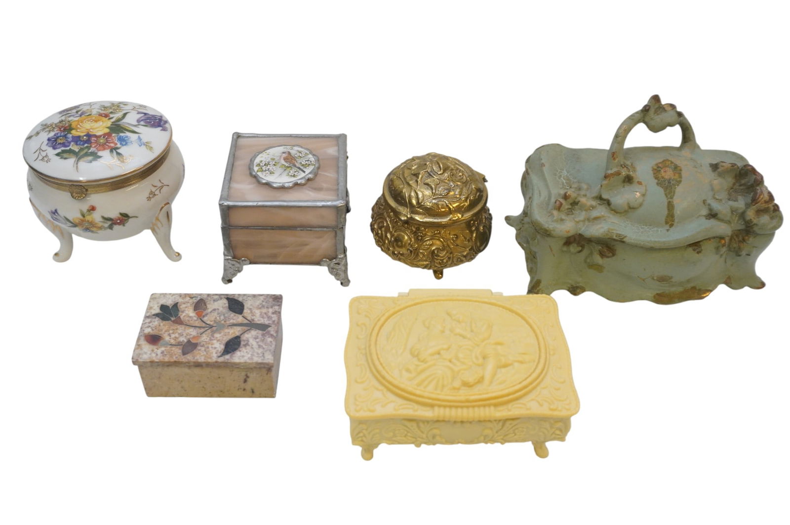 6 ANTIQUE VINTAGE JEWELRY / TRINKET BOXES: 6 Antique / Vintage Jewelry / Trinket Boxes.. Includes Leaded Glass Music Box, working, inlaid stone, Porcelain footed, Art Nouveau Metal, B & W Gilt and molded plastic. Box with all 12"x12"x6". Weigh