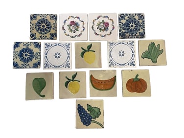 14 VINTAGE HAND PAINTED TILES