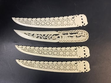 4 VINTAGE CARVED CELLULOID LETTER OPENERS