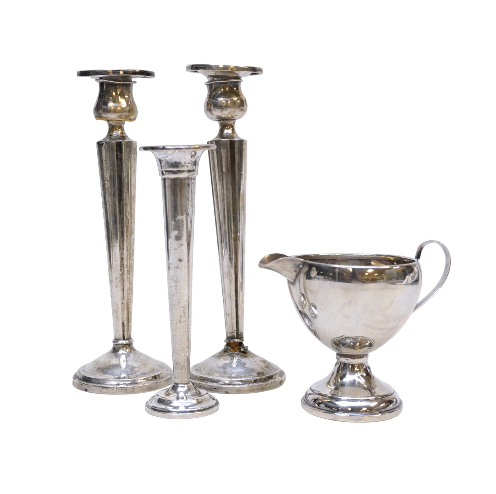 4 PC STERLING CANDLESTICKS, CREAMER, VASE (1 of 3)