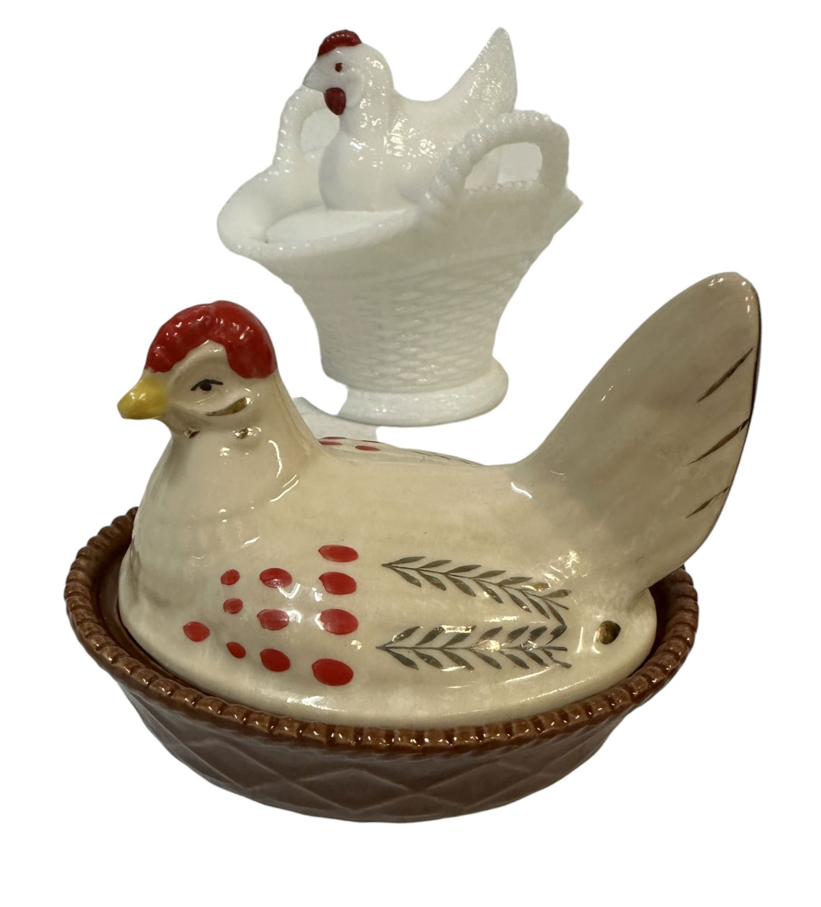 WESTMORELAND MILK GLASS HEN & VINTAGE CERAMIC HEN ON NEST (1 of 3)