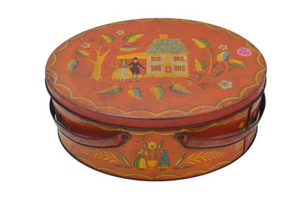 VINTAGE 1950s DOUBLE HANDLED DUTCH FOLK ART TIN