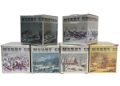 6 VINTAGE CURRIER & IVES CORNING GLASS WORKS COLLECTION ORNAMENTS
