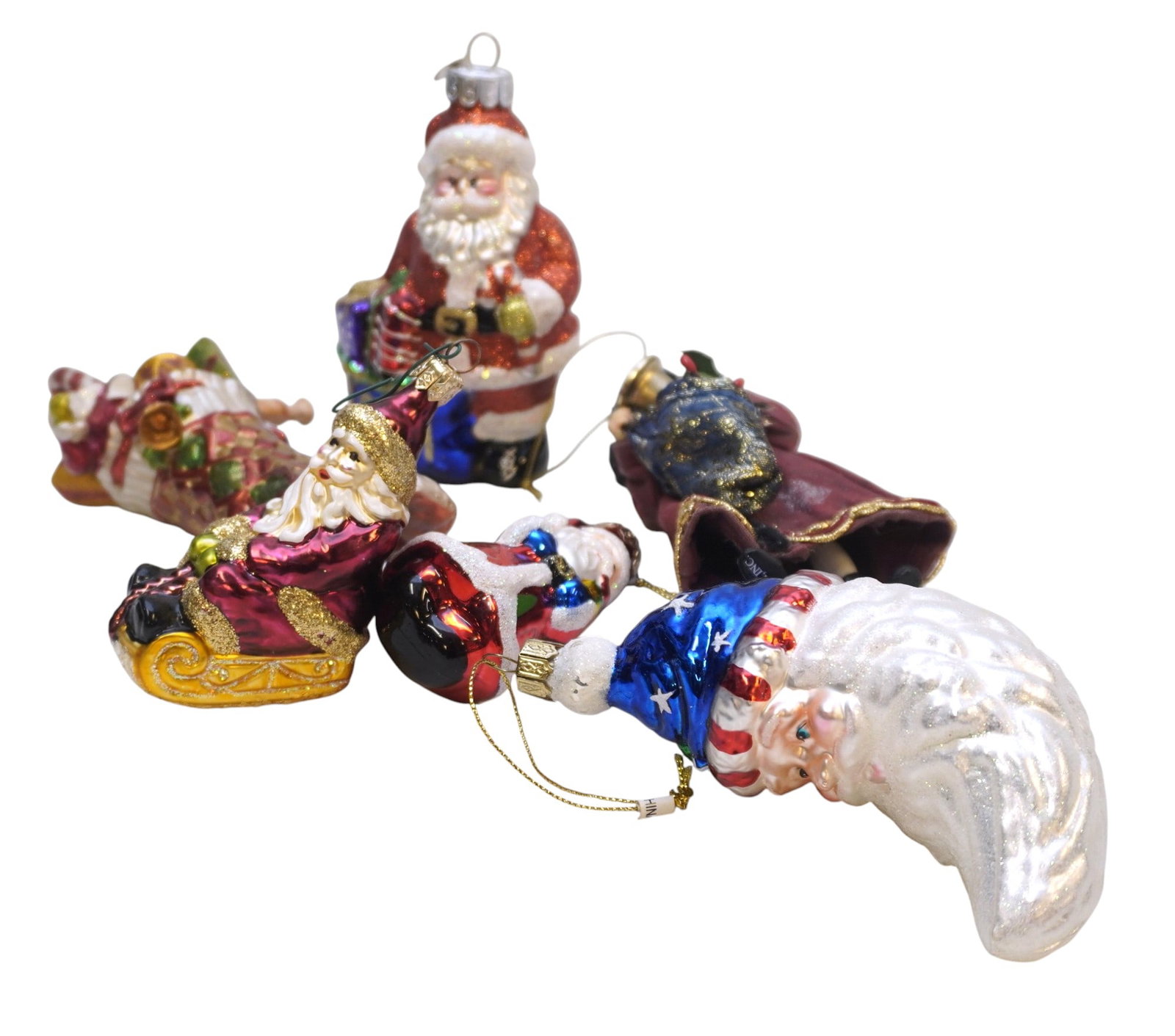 COLLECTION OF 6 RADKO & VINTAGE SANTA CLAUS ORNAMENTS: Collection of 5 Santa Claus Christmas Ornaments. Largest Measures 7". Approximate Weight 1 lb.