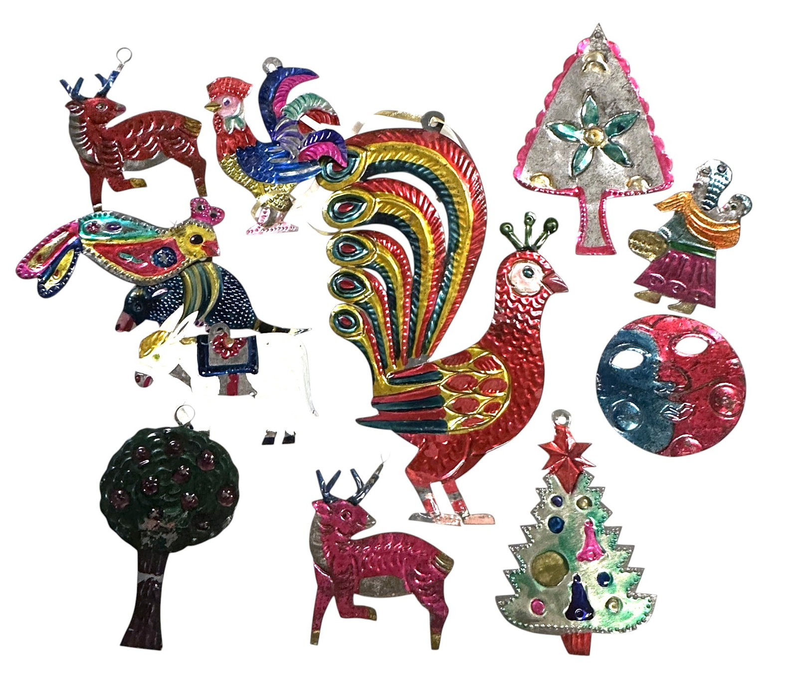 12 VINTAGE MEXICAN FOLK ART PAINTED TIN ORNAMENTS: 12 VINTAGE MEXICAN FOLK ART PAINTED TIN ORNAMENTS