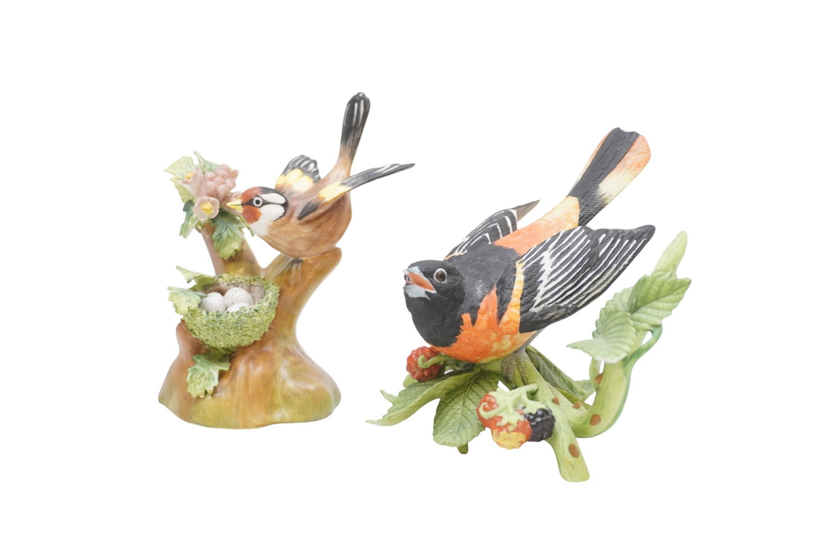 2 PORCELAIN BIRDS GOLDFINCH & BALTIMORE ORIOLE: Lenox Baltimore Oriole and Crown Staffordshire Goldfinch. 4" and 5". Weight combined 12 oz. **In house shipping available on this lot**