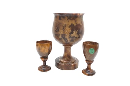 3 PC STONE PESTLE & TURNED OLIVE WOOD