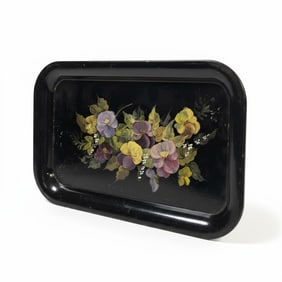 ANTIQUE SMALL HAND PAINTED TOLE TRAY PANSIES